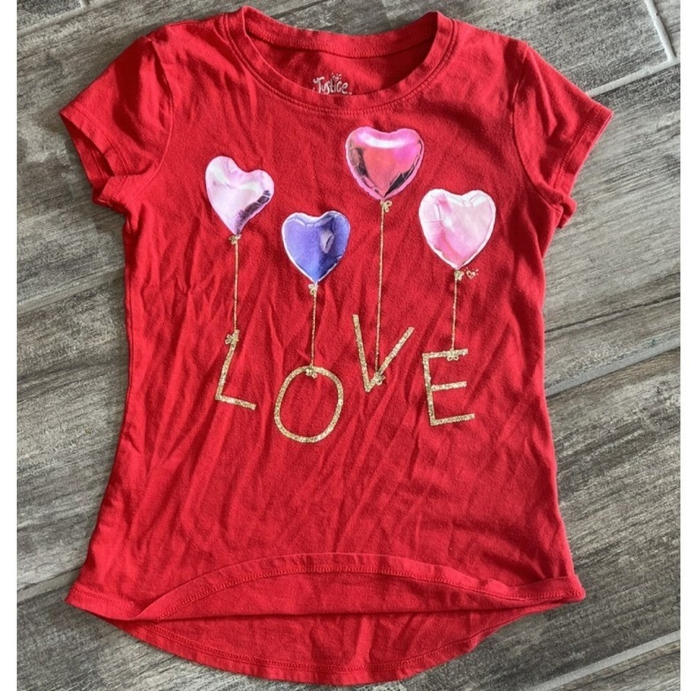 Justice Love Heart Balloons‎ Graphic Tee Shirt Girl's Red Short Sleeve Size 6